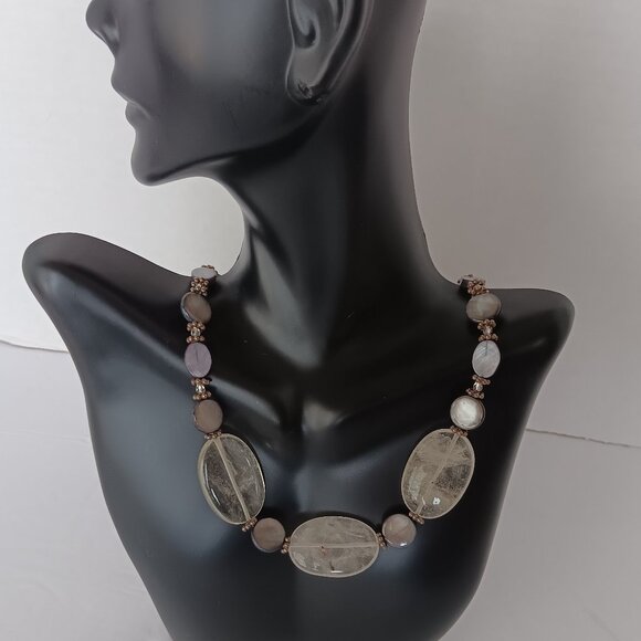 Handmad Grey & Black Necklace with Marbled Beads & Cloudy Agate Ovals 23 inches - Picture 7 of 16